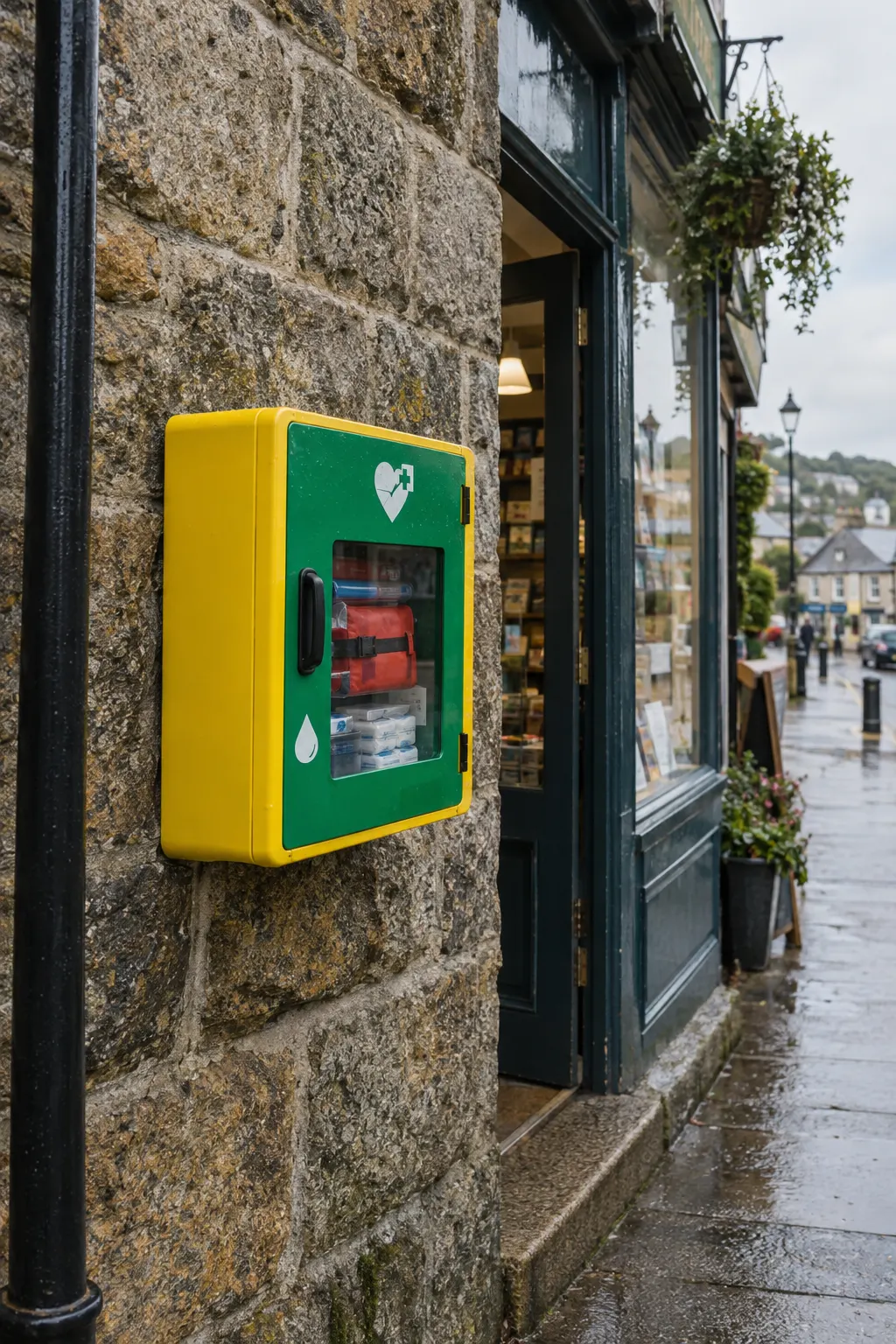 A public access emergency cabinet mounted on a granite wall beside a high street shop doorway