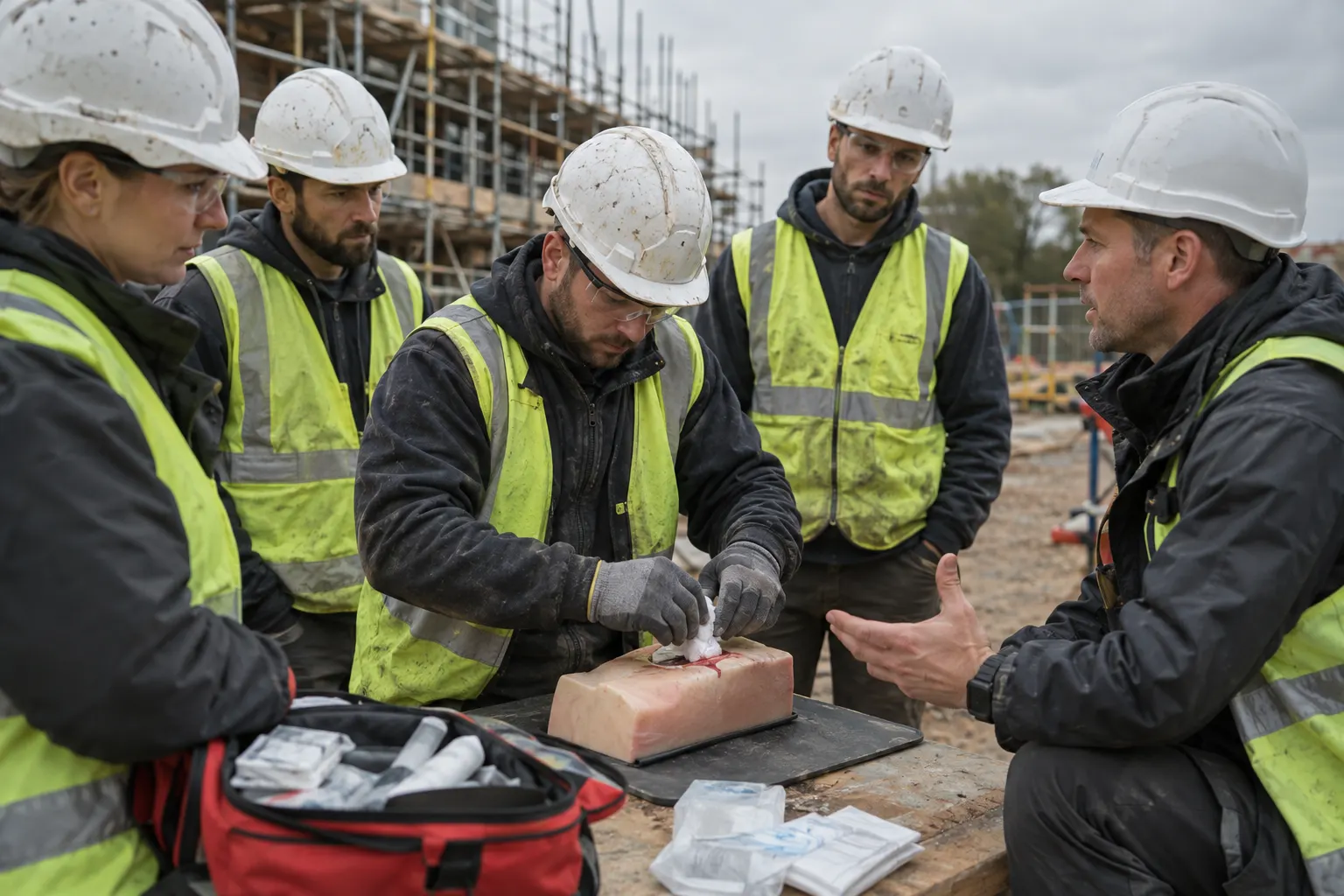 Construction workers in hi-vis and hard hats watch an instructor during on-site bleeding-control training beside scaffolding